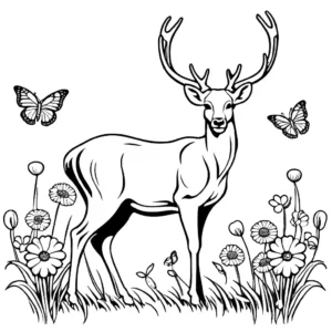A deer with antlers grazing in a meadow with flowers and butterflies. coloring page