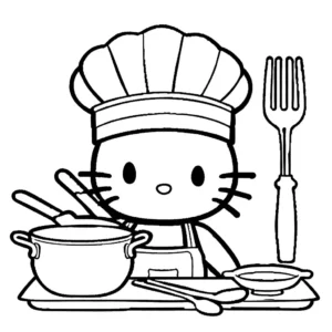 Coloring page of Hello Kitty with chef hat in a kitchen, great for online coloring activities.