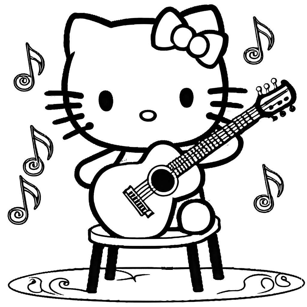 Coloring page depicting Hello Kitty playing a guitar with musical notes, suited for online coloring.