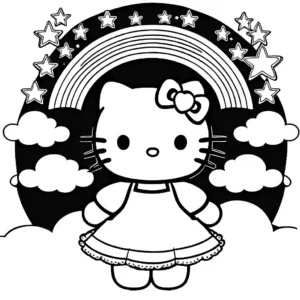 Coloring page of Hello Kitty under a rainbow surrounded by stars.
