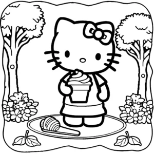 Coloring page depicting Hello Kitty with an ice cream cone sitting on a picnic blanket near a tree.