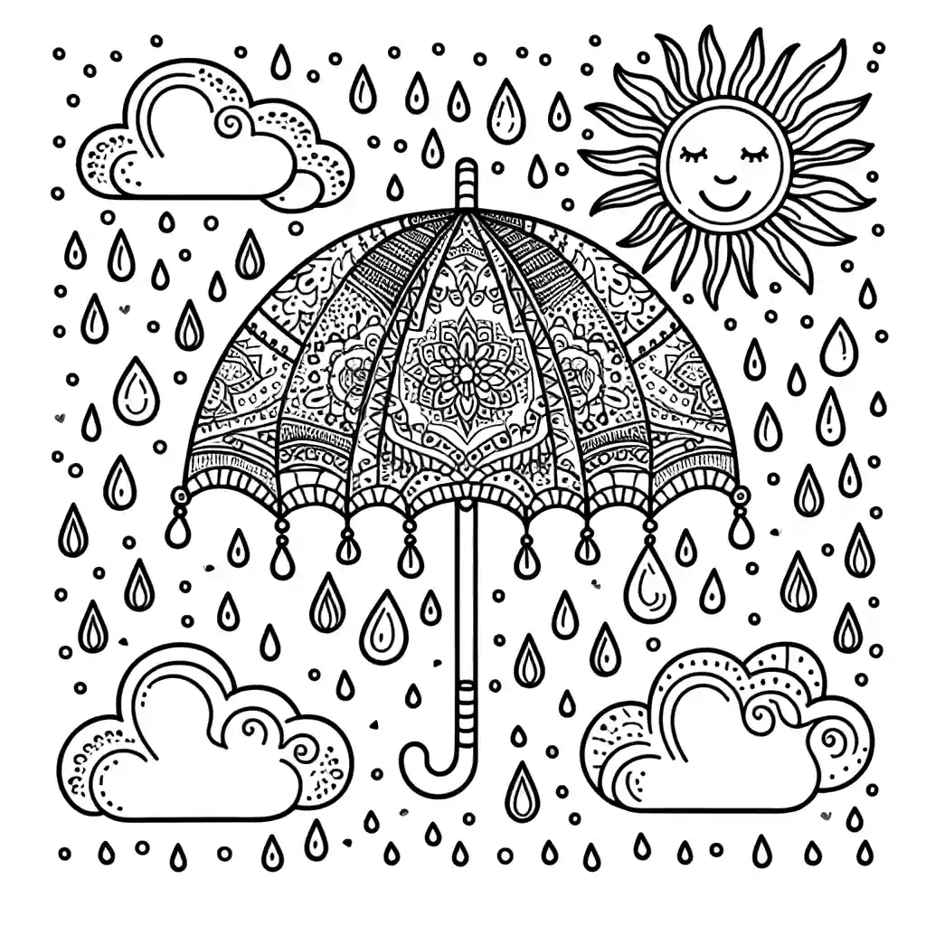 A coloring page featuring a detailed umbrella with patterns, surrounded by raindrops, clouds, and a sun, perfect for online coloring.
