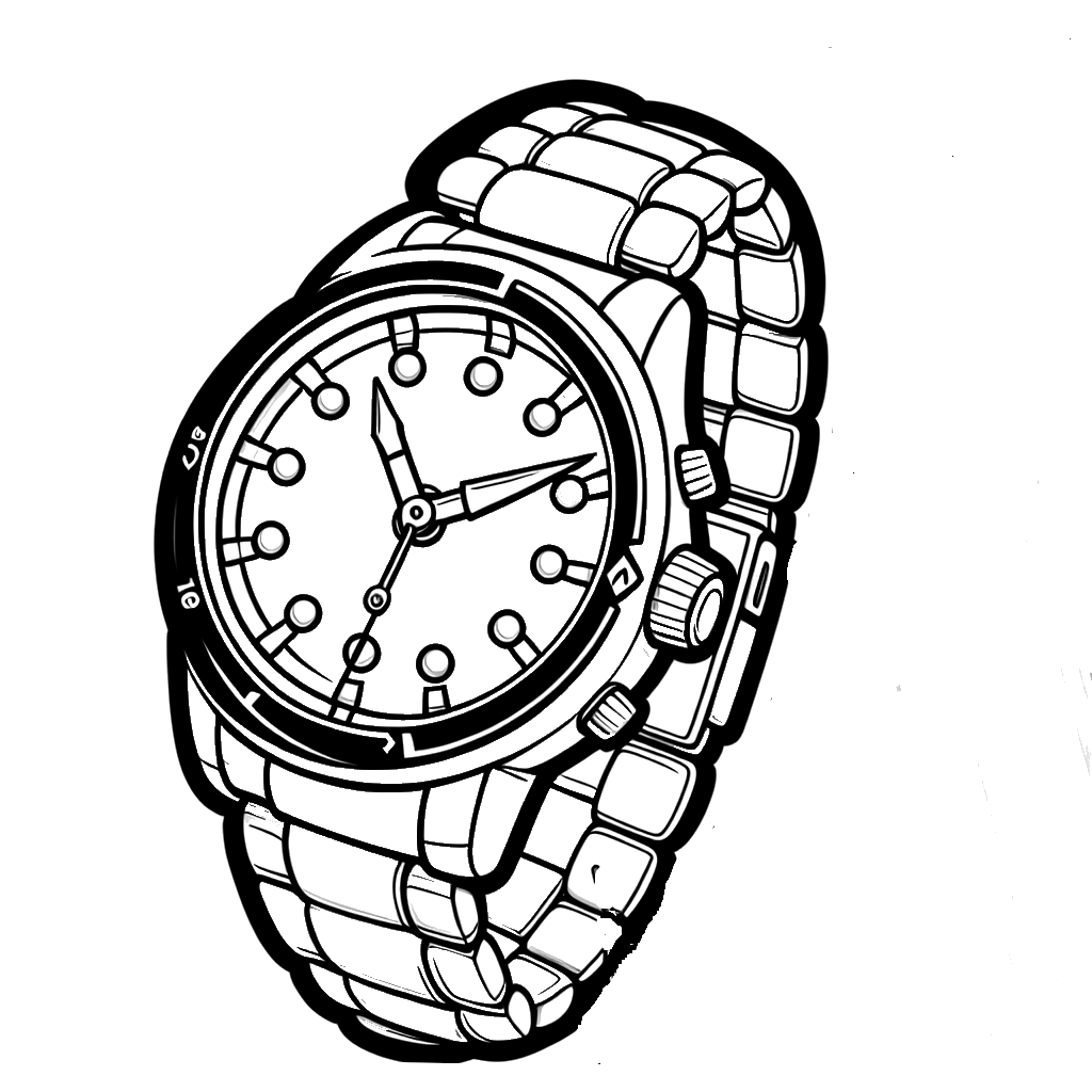 Detailed line art of a wristwatch designed for online coloring, featuring distinct parts like hour markers and hands.