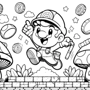 Coloring page of Super Mario in action, jumping over a mushroom with coins in the background.