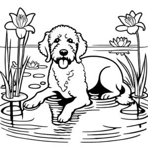 A coloring page depicting a Labradoodle next to a pond with ducks and lilies.