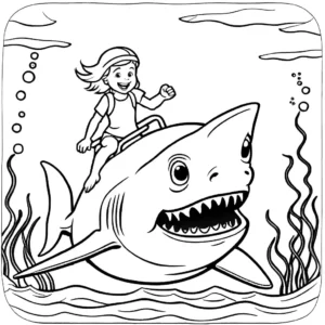 A coloring page featuring a little girl riding a big shark, in black and .