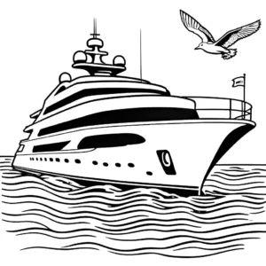 Coloring page of a luxury yacht in a bustling sea, with intricate details for a creative coloring experience.