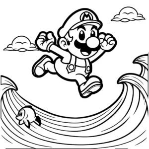 Super Mario jumping over a Cheep-Cheep fish with ocean waves, perfectly designed for coloring.