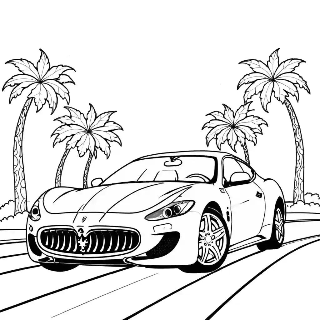 Coloring page featuring a Maserati on a road, suitable for online coloring.
