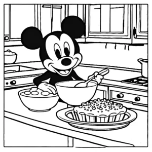Join Mickey Mouse in the kitchen baking treats, ready for you to color online. coloring page