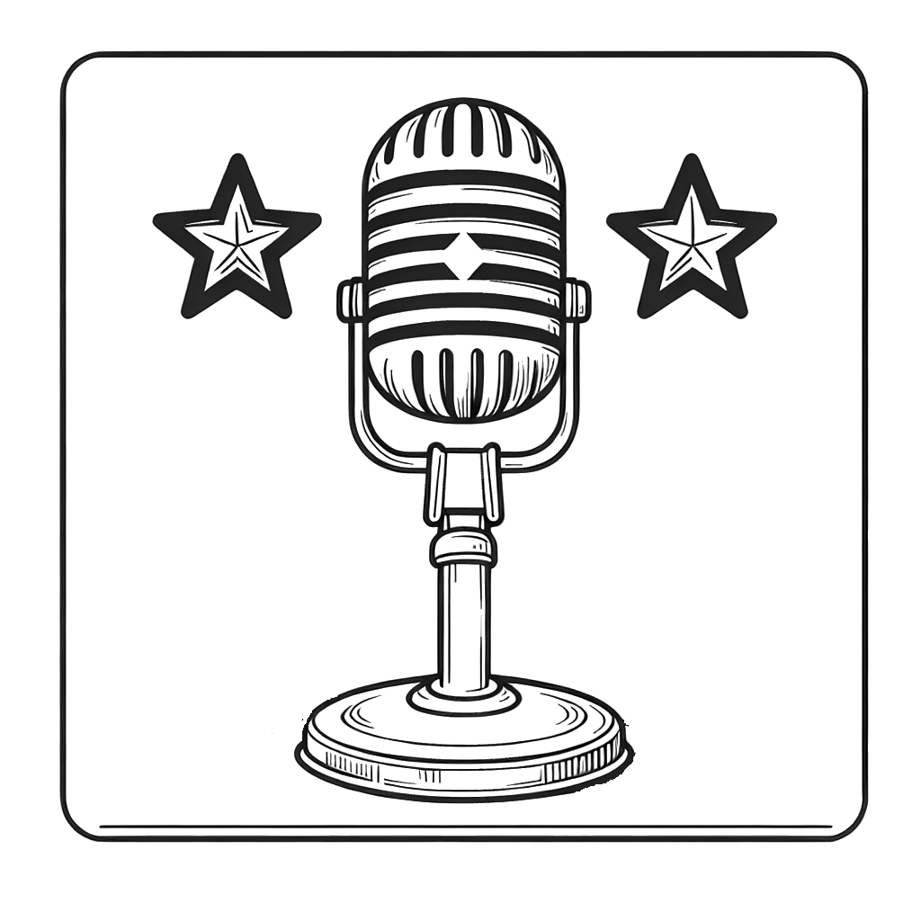 A classic microphone on a stand illustration for coloring, featured with a decorative star, designed with enclosed lines for easy online coloring.