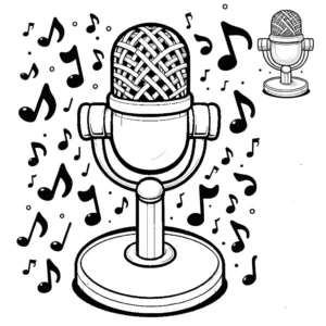 Coloring page featuring a microphone and musical notes for creative coloring fun.