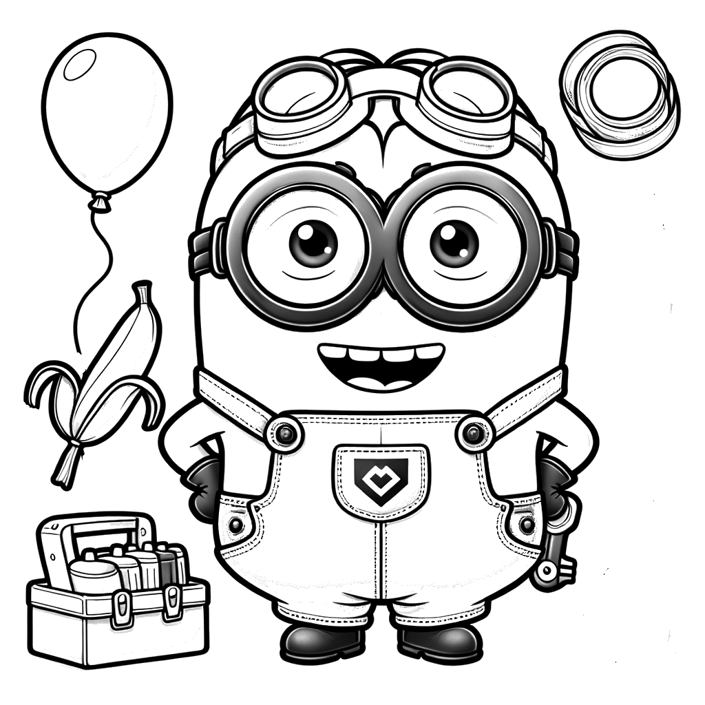 Coloring page of a Minion standing with a banana, toolbox, and balloon, designed for online coloring.