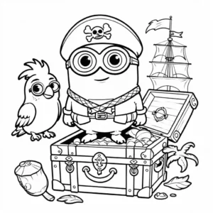 Coloring page of a Minion dressed as a pirate with a treasure chest.