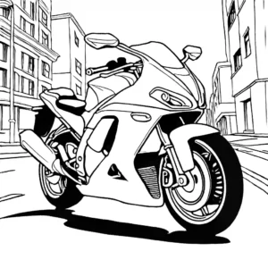 A coloring page featuring a motorcycle on a street, designed for coloring books, with detailed outlines emphasizing the motorcycle's features.