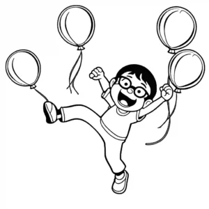 A joyous scene of Nobita dancing surrounded by balloons and music notes, in a black and coloring page.
