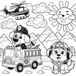 Coloring page of PAW Patrol characters Marshall, Chase, and Skye, each piloting a rescue vehicle, set against a backdrop of mountains, sun, and clouds.