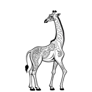 Intricate black and giraffe coloring page designed for adults, featuring detailed patterns and outlines.