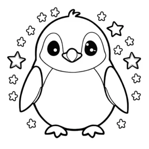Coloring page of a Penguin Squishmallow with stars and hearts, ideal for online coloring.