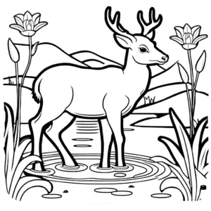 A deer leaping over a stream with fish, rocks, and lilies nearby. coloring page