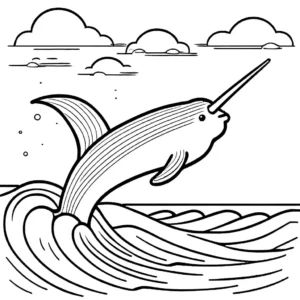 Coloring page showing a playful narwhal jumping over waves with seagulls and shells.