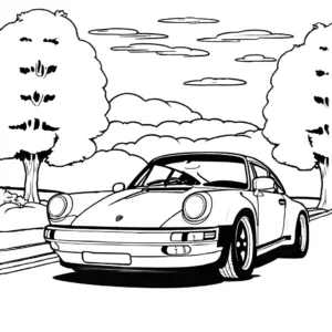 Coloring page depicting a Porsche on a road with trees and a sky in black and for coloring book.