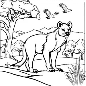 A hyena standing on a hill with trees and birds in the background, perfect for animal and nature enthusiasts. coloring page
