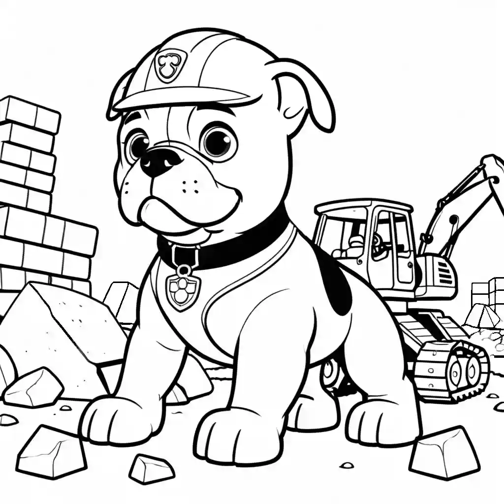 Coloring page of Rubble from PAW Patrol at a construction site with an excavator, crane, bricks, and helmet.