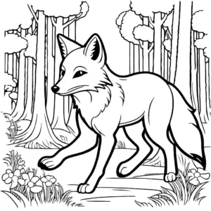 Coloring page featuring a fox running through a forest, designed for coloring with clear outlines.