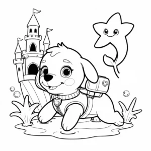 Coloring page of a scuba diving pup from PAW Patrol with a dolphin and starfish.