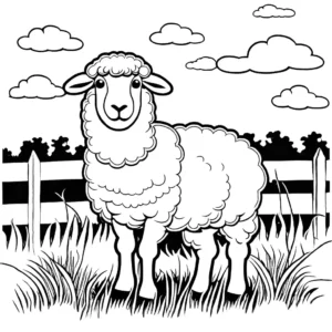 Black and coloring page featuring a bleating sheep in a field with a picket fence and clouds.