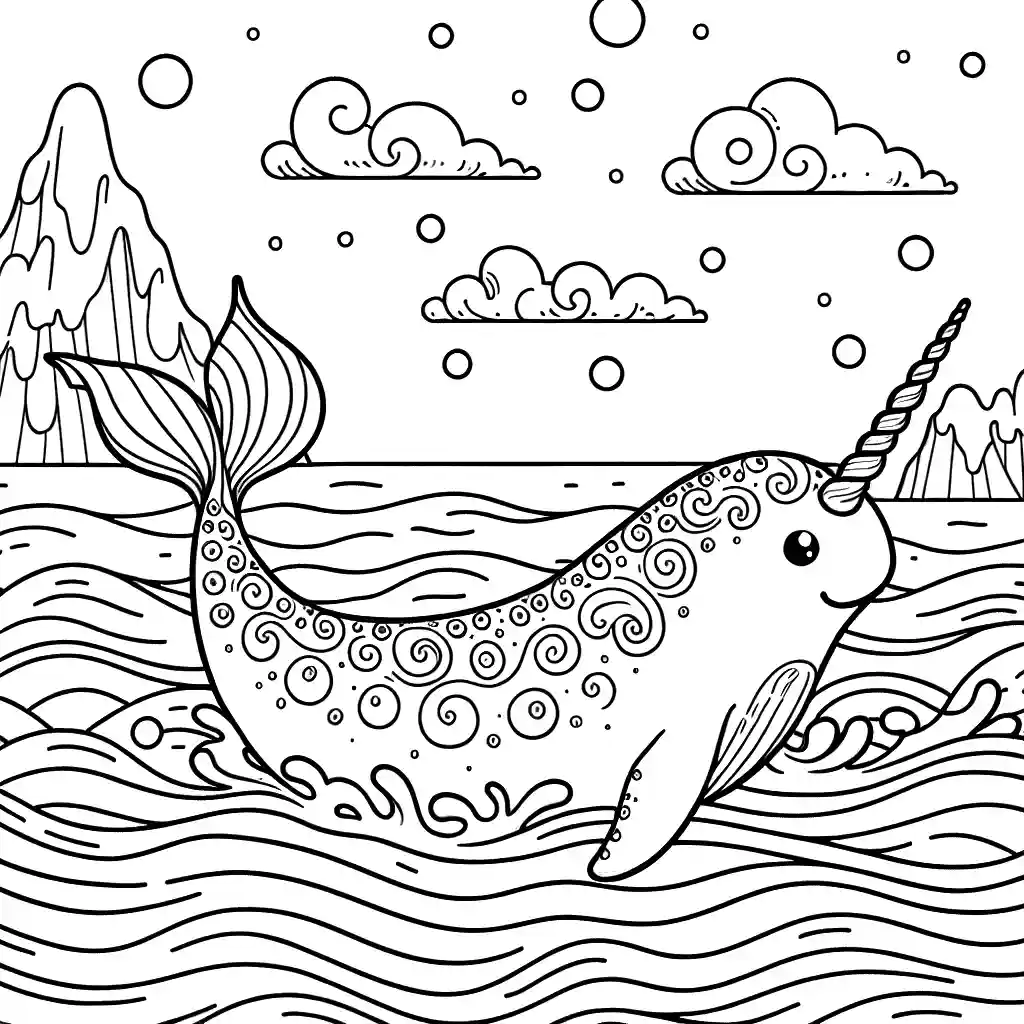 Coloring page of a narwhal swimming in the ocean with an iceberg in the background and clouds in the sky.