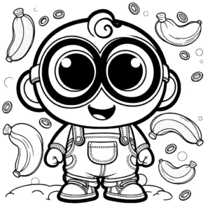 Coloring page featuring a smiling Bob Minion with open eyes, wearing goggles and overalls, surrounded by bananas.