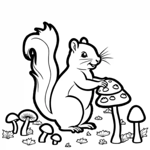 A squirrel gathers mushrooms in a forest clearing, line art for coloring.