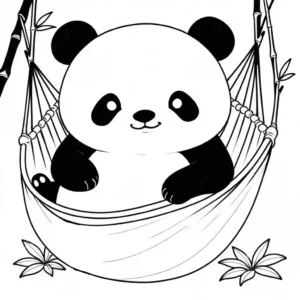 Coloring page depicting a Squishmallow panda resting on a hammock with bamboo details in outlines.