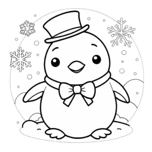 An engaging coloring page featuring a Squishmallow Penguin doll with snowflakes and clouds, ideal for coloring fun.