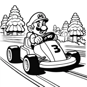 Coloring page of Mario in a Kart with a race track, trees, and mushrooms ready for coloring.