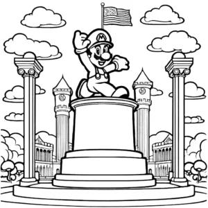 Coloring page of Super Mario at the flagpole with a castle and clouds, ideal for online coloring.