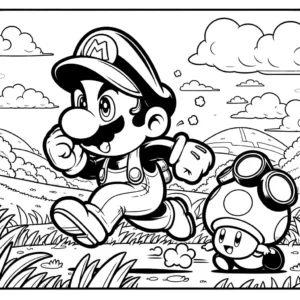 Coloring page featuring Super Mario running with a Goomba in a grassy field and hills.