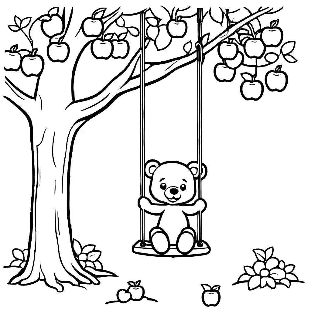 Toddler swing with teddy bear and apple tree coloring page.