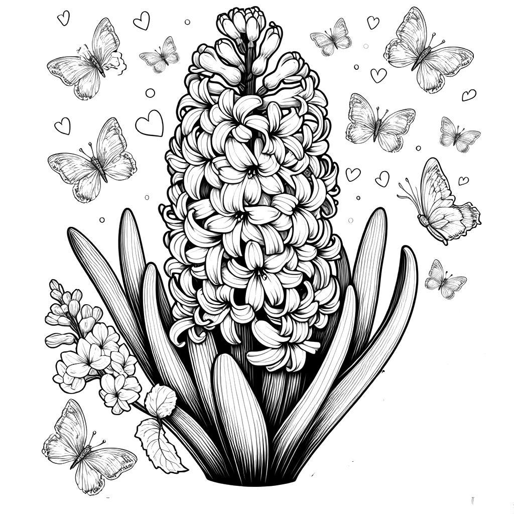 Coloring page of a Hyacinth flower with surrounding butterflies, ready for online coloring.