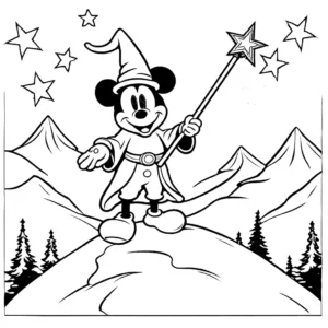 Wizard Mickey Mouse holding a wand atop a mountain, surrounded by stars for coloring.