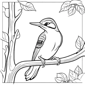 A coloring page featuring a woodpecker on a tree branch, ideal for kids' creative activities.
