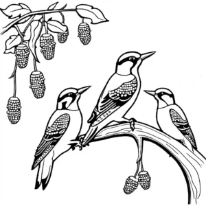 Coloring page of a woodpecker family around a tree with acorns, designed for children.