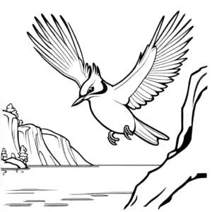 A woodpecker with open wings on a rock by a river with fish jumping. coloring page