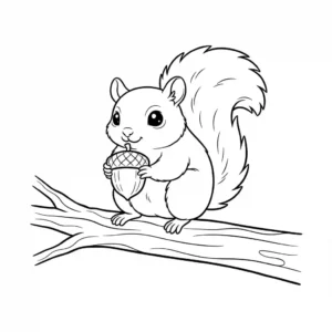 Black and white line drawing of a cute flying squirrel holding an acorn while sitting on a branch.