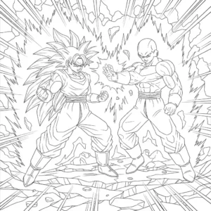 Detailed black and line art coloring page featuring Dragon Ball Super characters Son Goku and Vegeta engaged in battle against Jiren. High contrast outline illustration suitable for a coloring book.