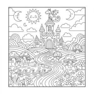 Black and line drawing of a detailed fantasy castle fantasy creature for a printable coloring book page.