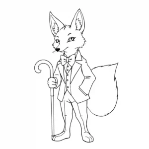 A black and coloring page of a fox dressed in a suit and holding a cane.