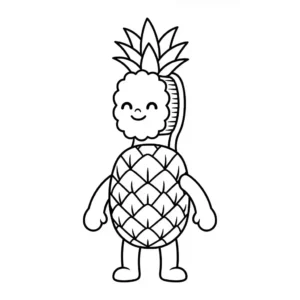 Black and line art coloring page featuring a smiling cartoon toothbrush with a pineapple body and thick, chubby limbs, perfect for kids coloring.
